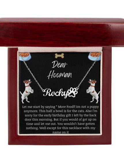 Pet Name Paw Print Necklace with a polished stainless-steel variant on a Dear Human greeting card inside a mahogany box with up close view