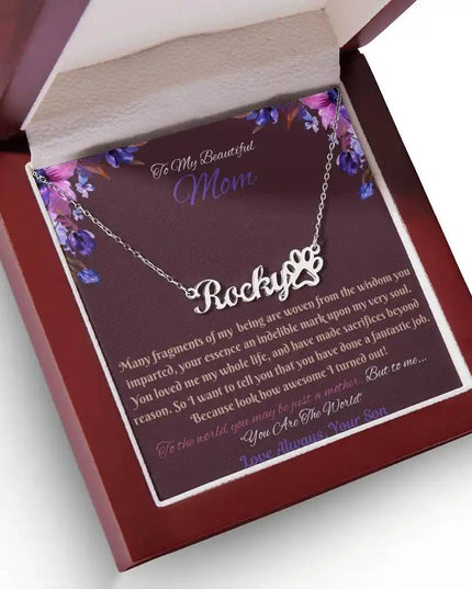 polished stainless paw print pet name necklace in mahogany box