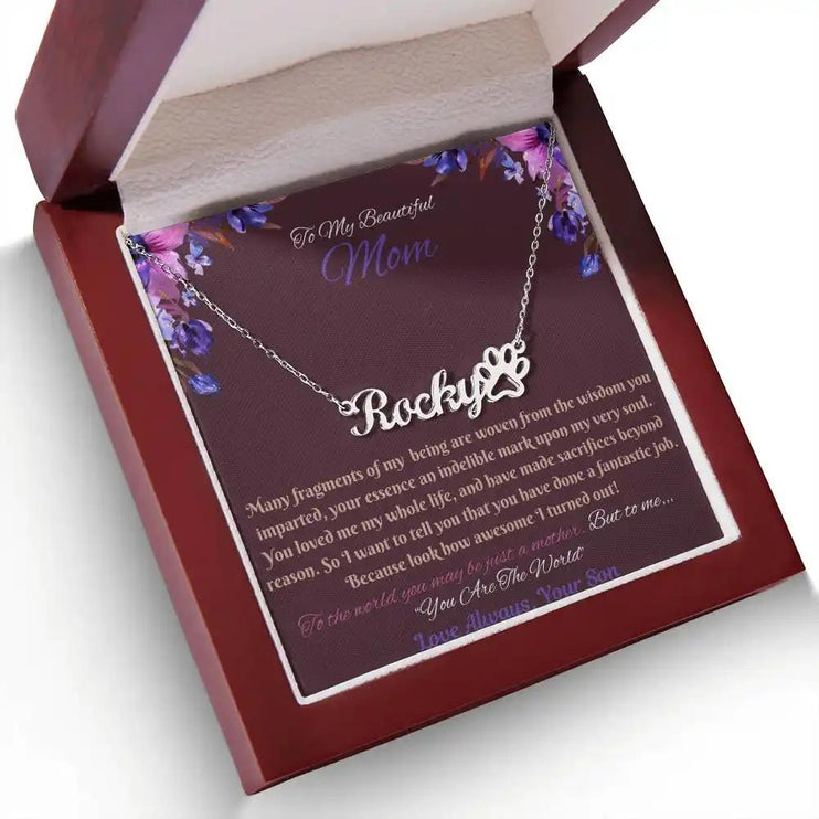 polished stainless paw print pet name necklace in mahogany box