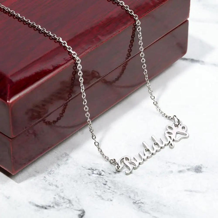 polished steel paw print pet name necklace on top mahogany box