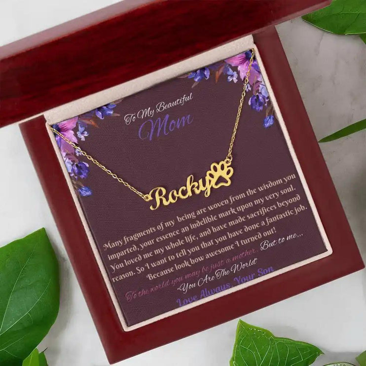 gold paw print pet name necklace in mahogany box angled left