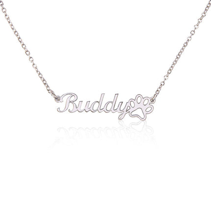 pet name paw print necklace on white background with silver variant