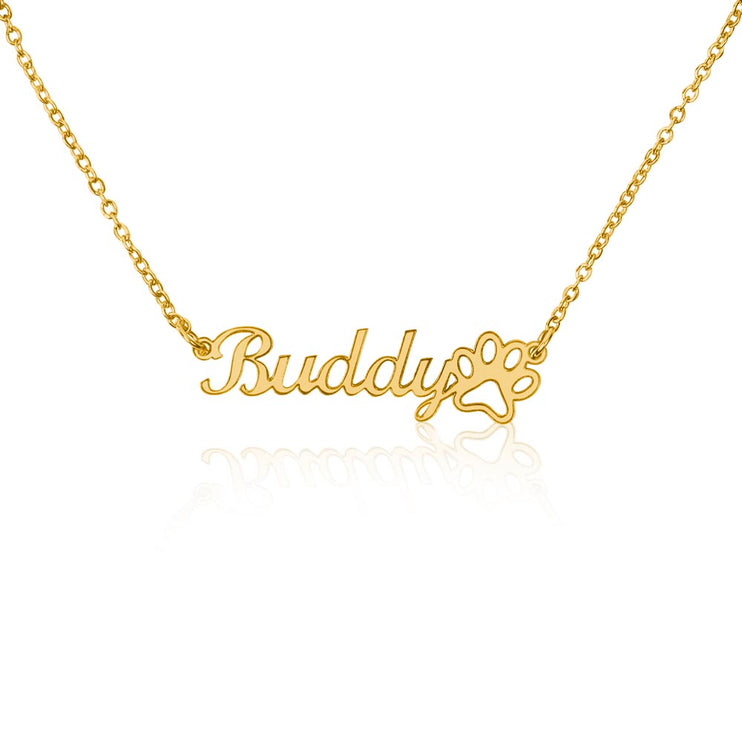 pet name paw print necklace with gold variant on white background