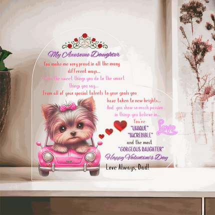 acrylic heart plaque on a wall shelf