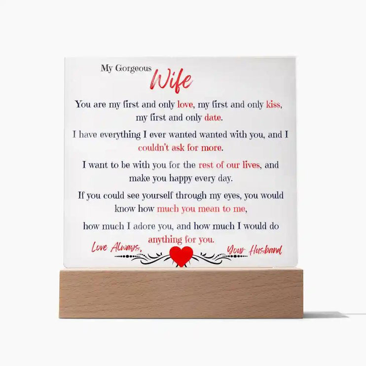 A acrylic square plaque with heartfelt message