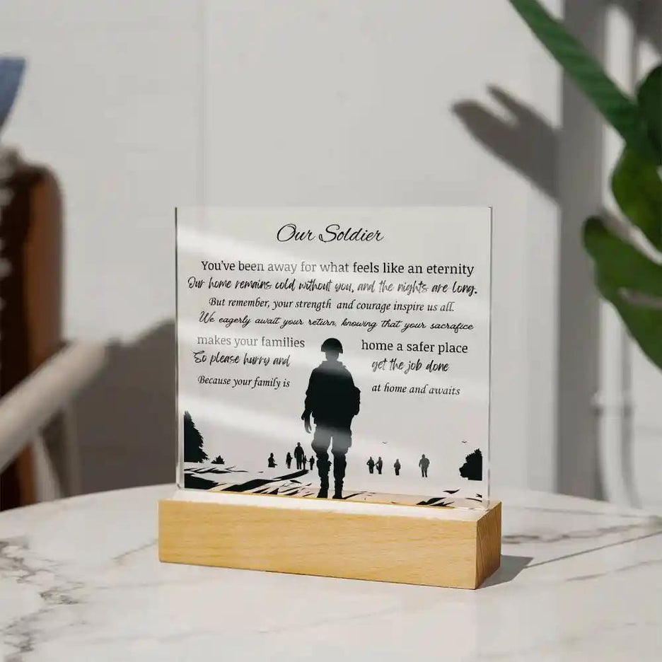 Acrylic Square Plaque square on a white table far away