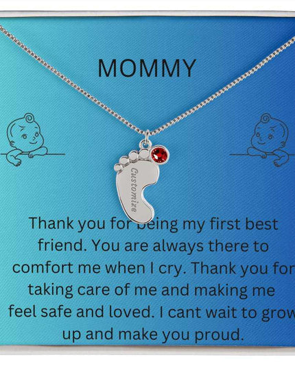 a 1 charm polished silver baby feet birthstone necklace in a mahogany box