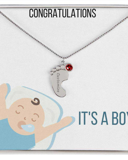 Engraved Baby Feet Charm Necklace with 1 polished stainless steel charm and two tone box