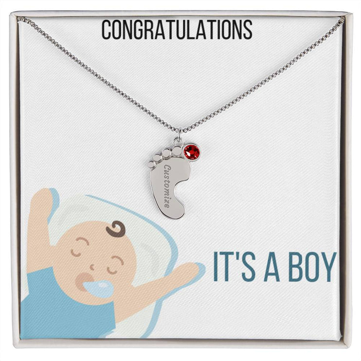Engraved Baby Feet Charm Necklace with 1 polished stainless steel charm and two tone box