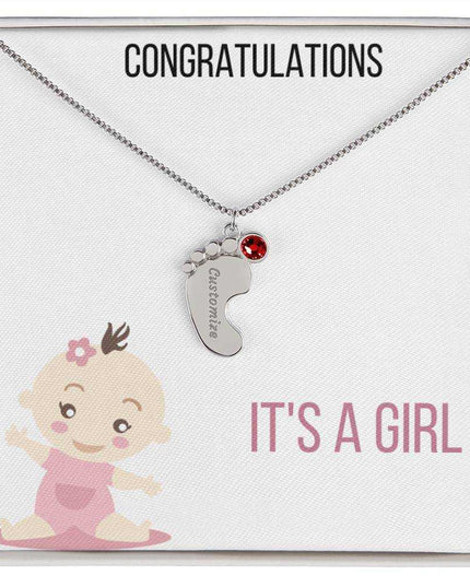 Engraved Baby Feet Charm Necklace with 1 polished stainless-steel charm and two-tone box