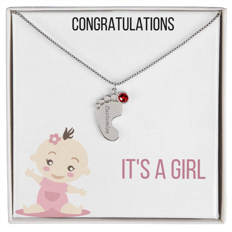 Engraved Baby Feet Charm Necklace with 1 polished stainless-steel charm and two-tone box