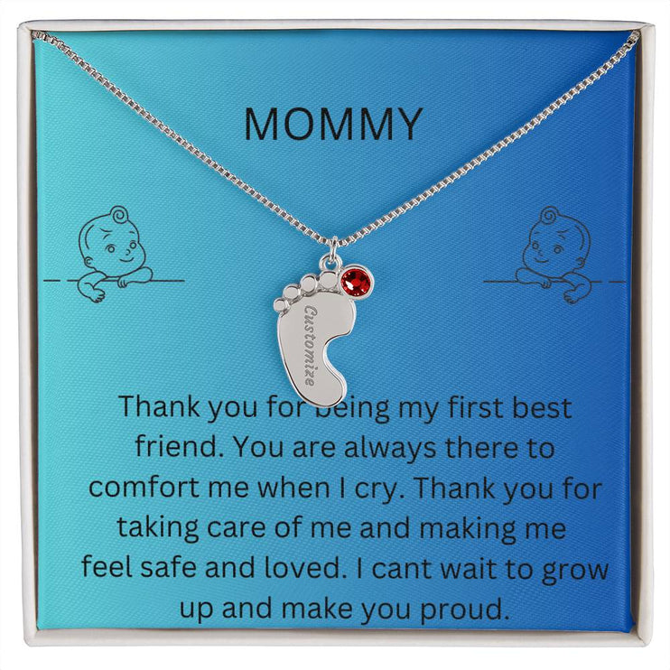 Engraved Baby Feet Charm with polished stainless-steel and two-tone box