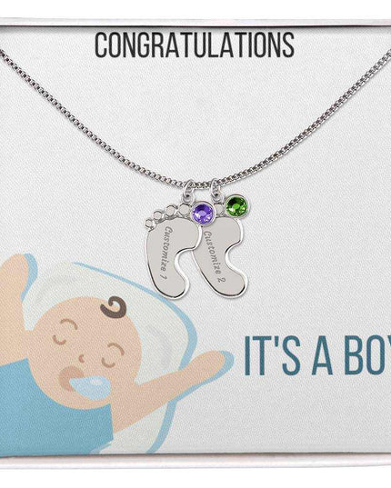 Engraved Baby Feet Charm Necklace with 2 polished stainless steel charm and two tone box