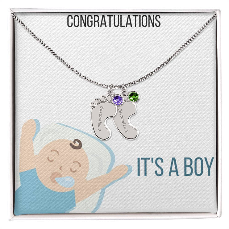 Engraved Baby Feet Charm Necklace with 2 polished stainless steel charm and two tone box