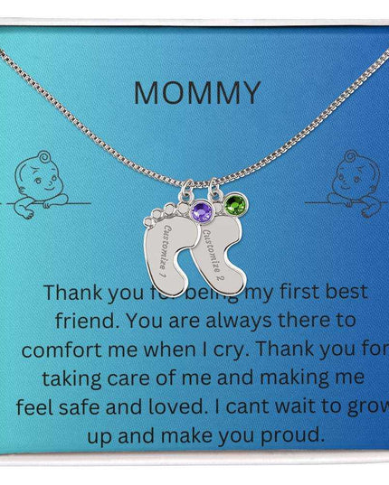 Engraved Baby Feet Charm with 2 polished stainless-steel charms and two-tone box