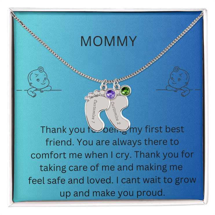 Engraved Baby Feet Charm with 2 polished stainless-steel charms and two-tone box