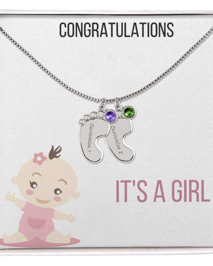 Engraved Baby Feet Charm Necklace with 2 polished stainless-steel charm and two-tone box