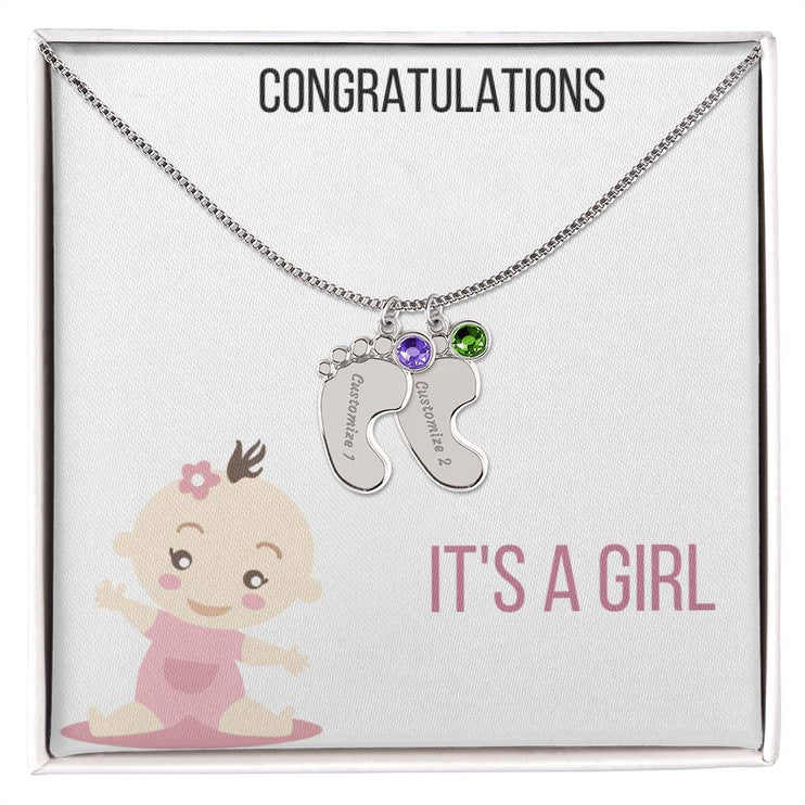 Engraved Baby Feet Charm Necklace with 2 polished stainless-steel charm and two-tone box