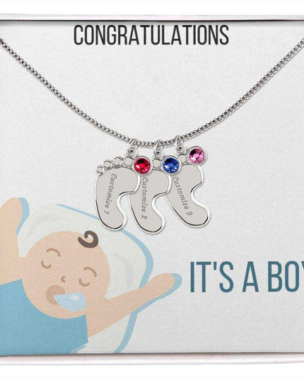 Engraved Baby Feet Charm Necklace with 3 polished stainless steel charm and two tone box