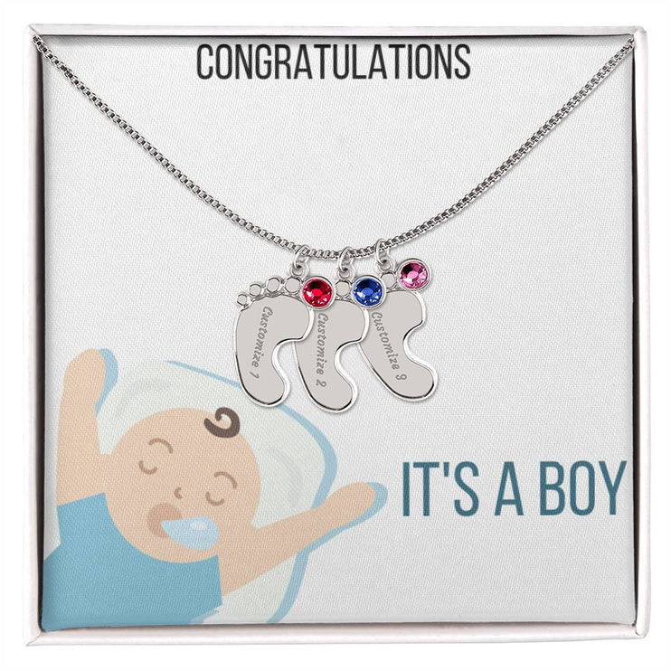 Engraved Baby Feet Charm Necklace with 3 polished stainless steel charm and two tone box