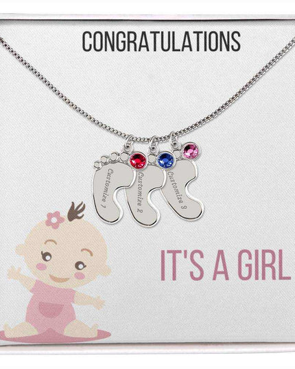 Engraved Baby Feet Charm Necklace with 1 polished stainless-steel charm and two-tone box