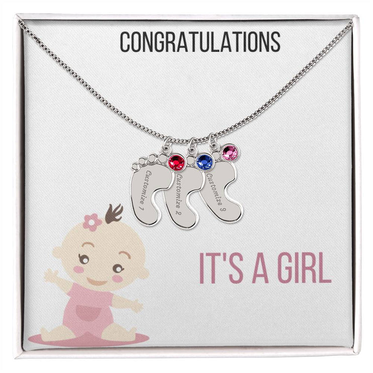 Engraved Baby Feet Charm Necklace with 1 polished stainless-steel charm and two-tone box