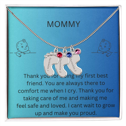 Engraved Baby Feet Charm with 3 polished stainless-steel charms and two-tone box