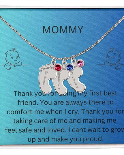 Engraved Baby Feet Charm with 3 polished stainless-steel charms and two-tone box