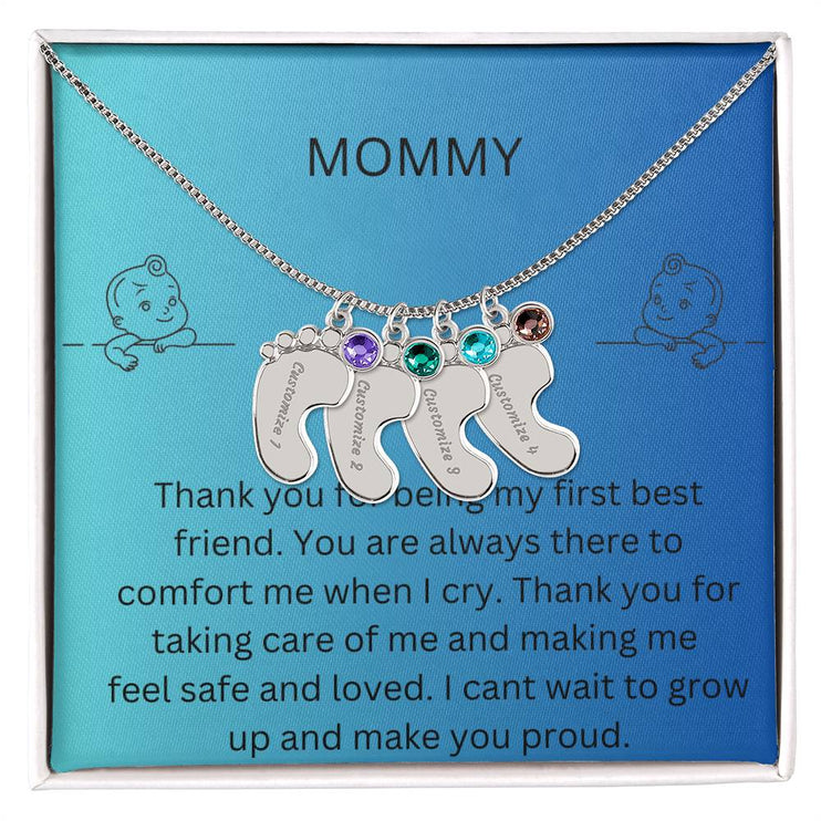 a 4 charm polished silver baby feet birthstone necklace in a two-tone box