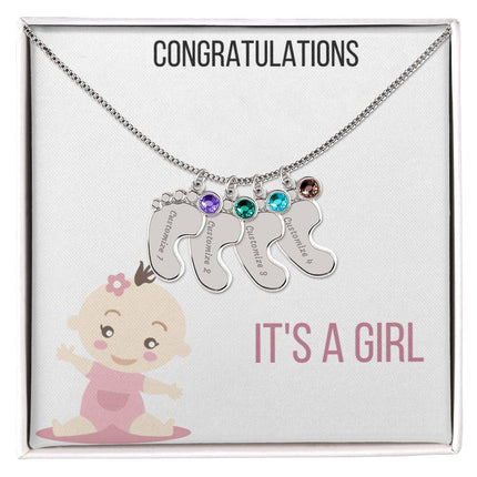 Engraved Baby Feet Charm Necklace with 4 polished stainless-steel charm and two-tone box