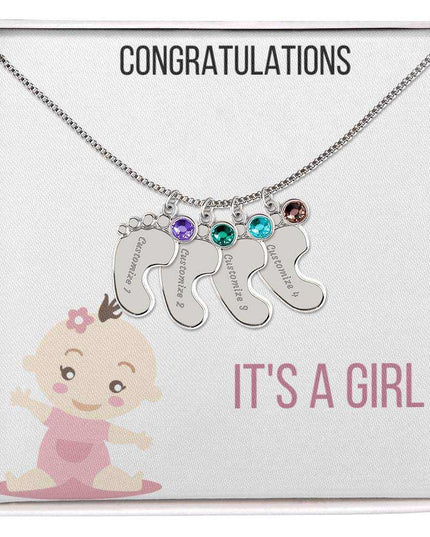 Engraved Baby Feet Charm Necklace with 4 polished stainless-steel charm and two-tone box