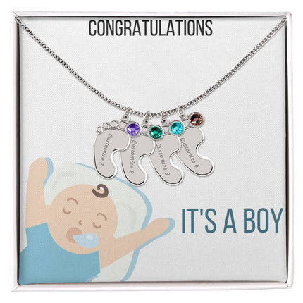 Engraved Baby Feet Charm Necklace with 4 polished stainless-steel charm and two-tone box