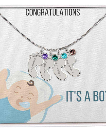 Engraved Baby Feet Charm Necklace with 4 polished stainless-steel charm and two-tone box