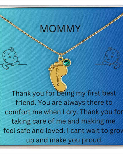 a yellow gold baby feet birthstone necklace 2 tone box