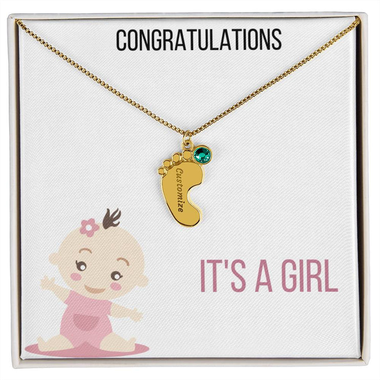Engraved Baby Feet Charm Necklace with 1 yellow gold finish charm and two-tone box