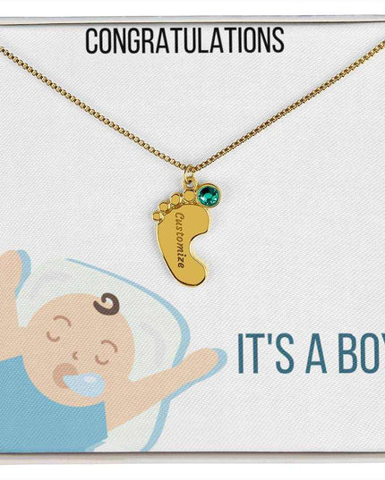 Engraved Baby Feet Charm Necklace with 1 yellow gold finish charm and two tone box