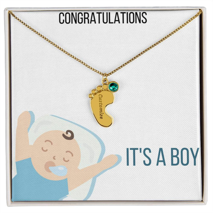 Engraved Baby Feet Charm Necklace with 1 yellow gold finish charm and two tone box