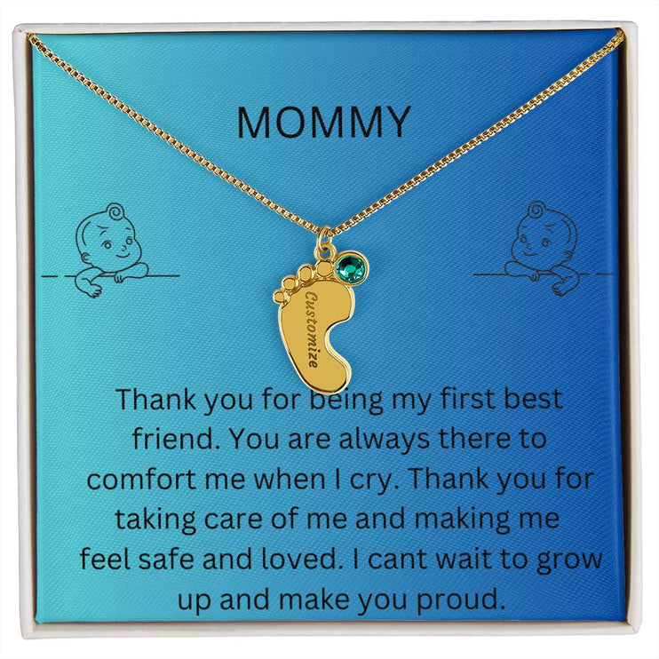 Engraved Baby Feet Charm with yellow gold finish charm and two-tone box