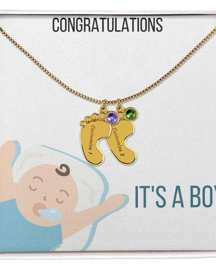 Engraved Baby Feet Charm Necklace with 2 yellow gold finish charm and two tone box