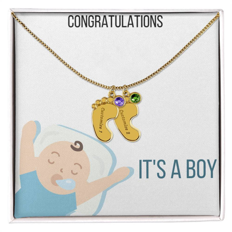 Engraved Baby Feet Charm Necklace with 2 yellow gold finish charm and two tone box