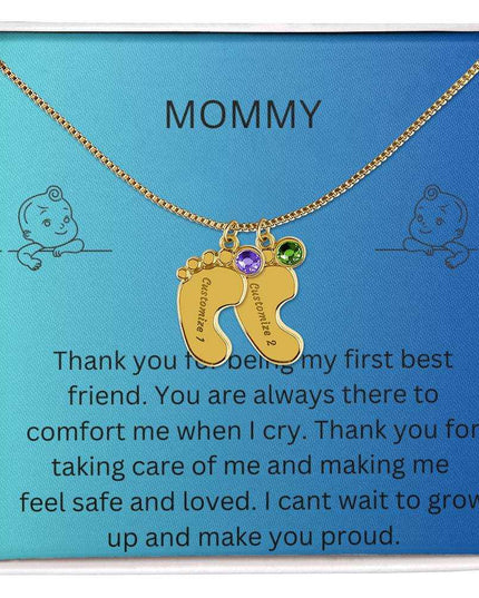 Engraved Baby Feet Charm with 2 yellow gold finish charms and two-tone box