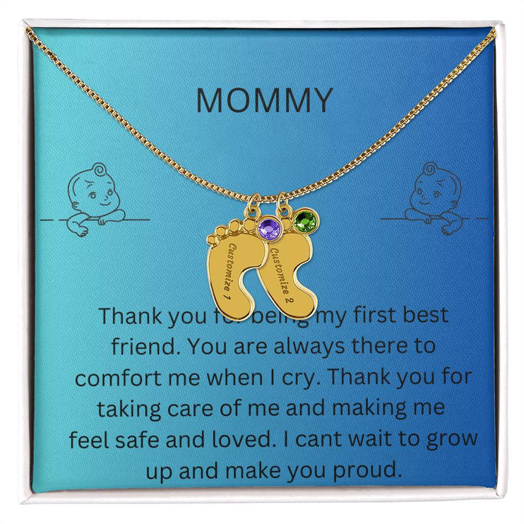 Engraved Baby Feet Charm with 2 yellow gold finish charms and two-tone box