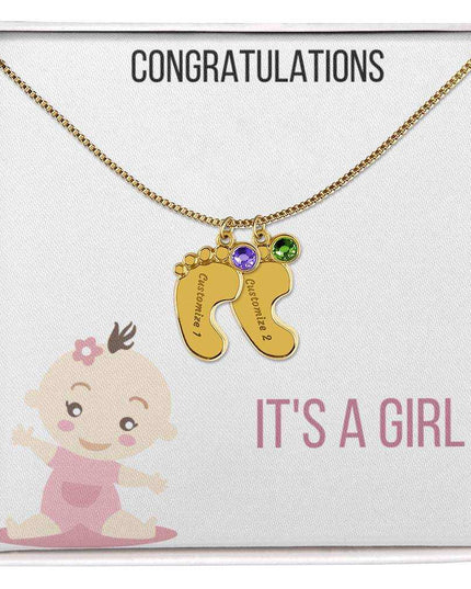 Engraved Baby Feet Charm Necklace with 2 yellow gold finish charm and two-tone box