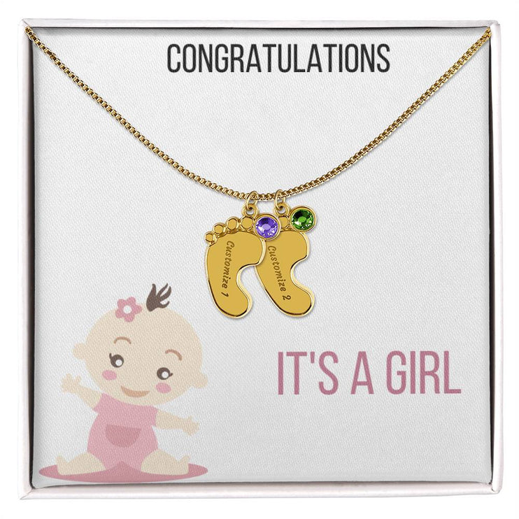 Engraved Baby Feet Charm Necklace with 2 yellow gold finish charm and two-tone box