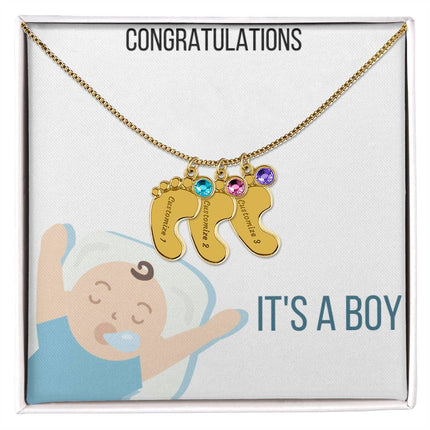Engraved Baby Feet Charm Necklace with 3 yellow gold finish charm and two tone box