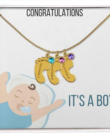 Engraved Baby Feet Charm Necklace with 3 yellow gold finish charm and two tone box