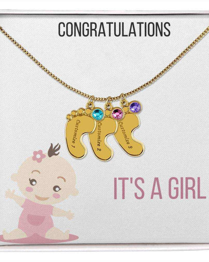 Engraved Baby Feet Charm Necklace with 3 yellow gold finish charm and two-tone box