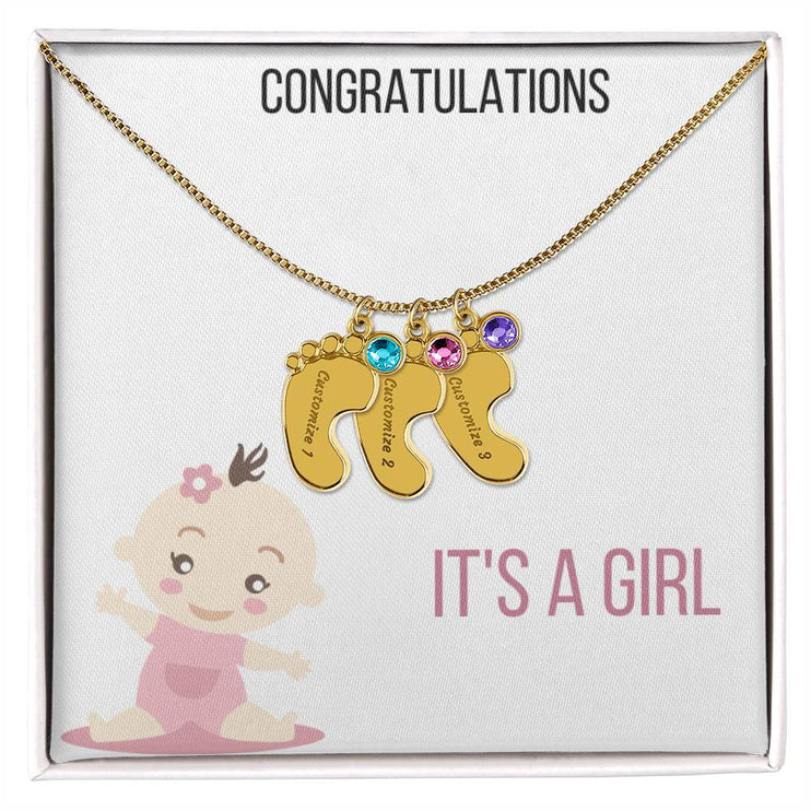 Engraved Baby Feet Charm Necklace with 3 yellow gold finish charm and two-tone box