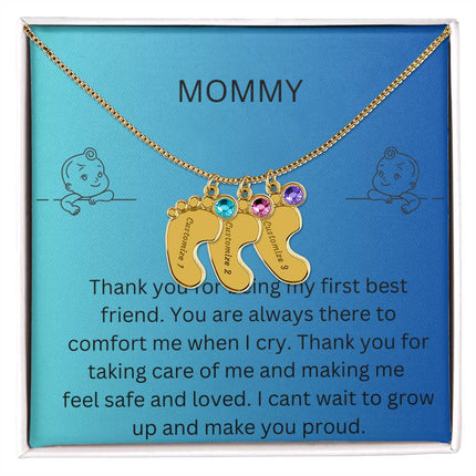 Engraved Baby Feet Charm with 3 yellow gold finish charms and two-tone box