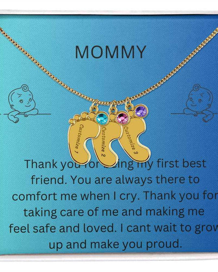 Engraved Baby Feet Charm with 3 yellow gold finish charms and two-tone box